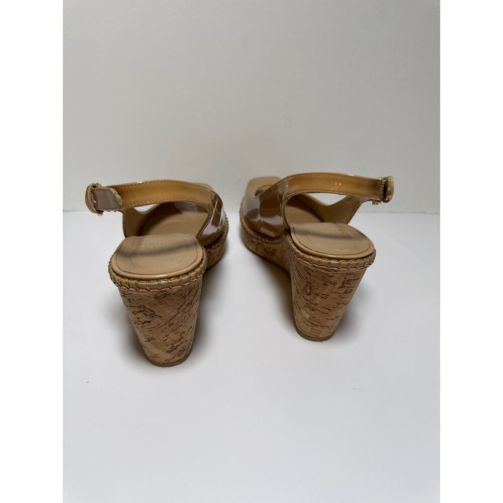 Stuart Weitzman Nude Patent Cork Wedge Sandals Womens 8.5 Wedding Guest Heels - Picture 3 of 6